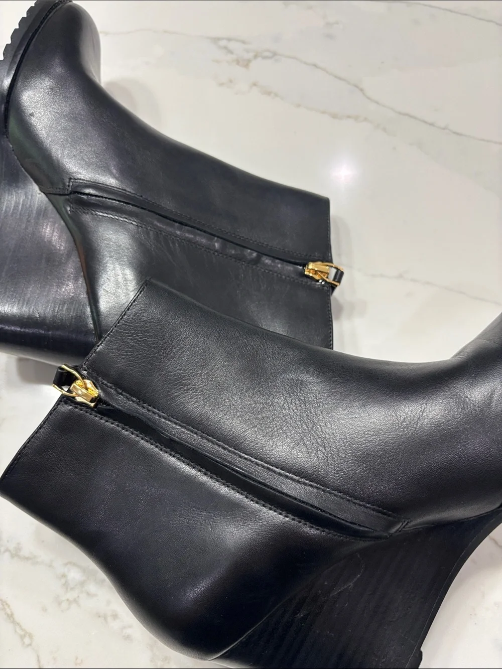 Ralph Lauren Black Leather Wedge Booties with Gold Logo